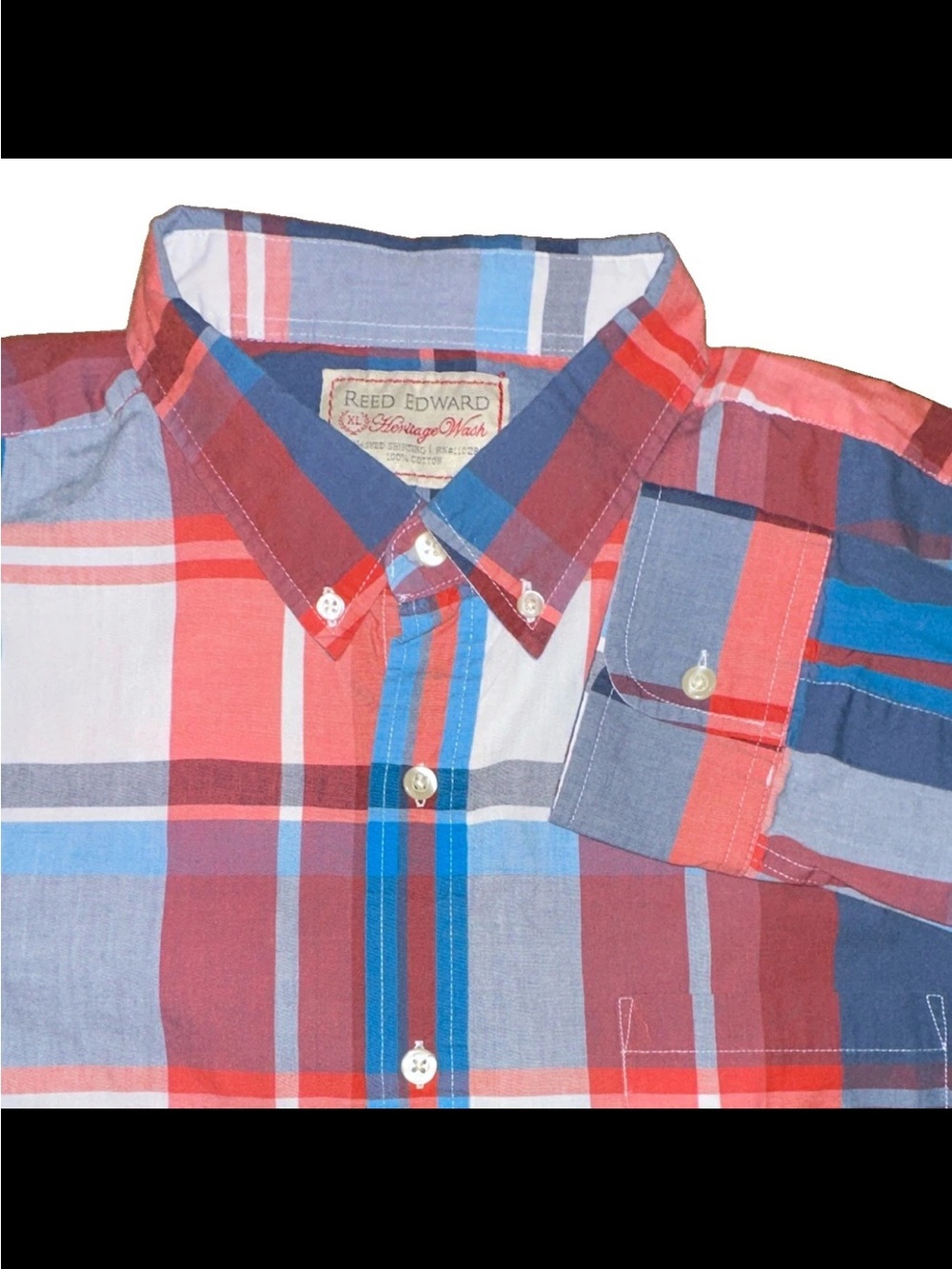 Reed Edward Heritage Wash Men's XL Plaid 100% Cotton Button-Down Shirt Pockets